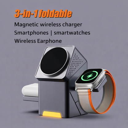 3-in-1 Auto-Rotation Magnetic Wireless Charger Stand  23W Fast Charging Dock for Phone, Watch & Earbuds