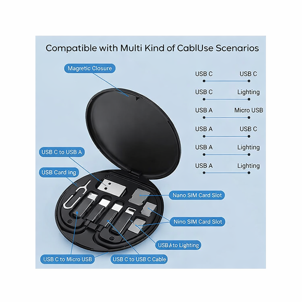 Mini Multi-Functional Fast Charging Data Cable Set  All-in-One Charging & Data Transfer Kit (9-in-1)